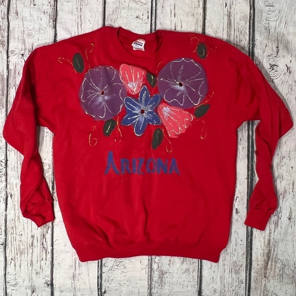 Vintage Arizona Tourism Red Floral Crewneck 1990s Pullover Jumper Sweatshirt - Picture 1 of 5